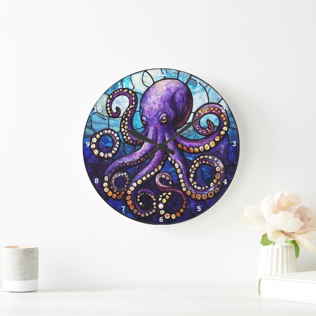 Mystic Octopus Depths" - Stained Glass Ocean Large Clock (Home)