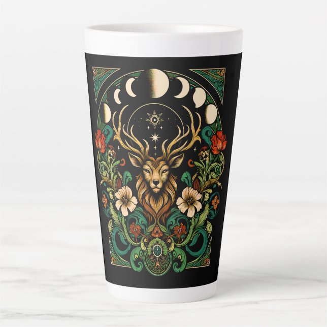 Mystic Pagan Stag and Moon Phase Latte Mug (Front)