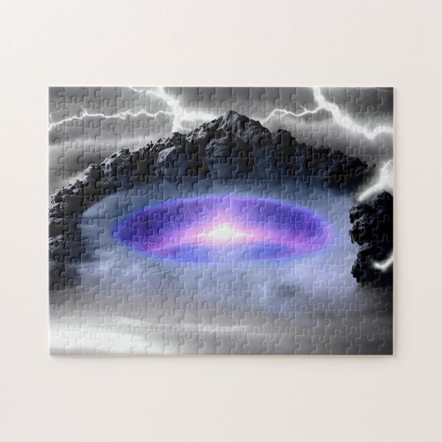 Mystic pink nucleus surrounded by rocky mountains jigsaw puzzle (Horizontal)