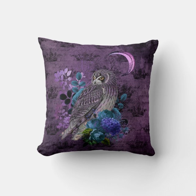 Mystic Purple and Teal Owl and Moon Throw Pillow (Front)