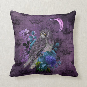Mystic Purple and Teal Owl and Moon Throw Pillow