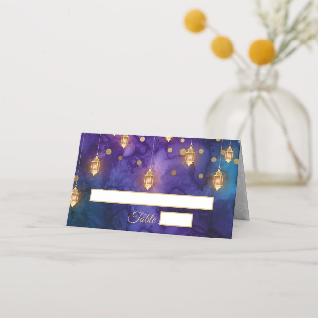Mystic Purple Blue Fairy Bokeh Gold Wedding Place Card (Front)
