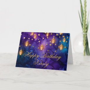 Mystic Purple Blue Fairy Lanterns Bokeh Birthday Card