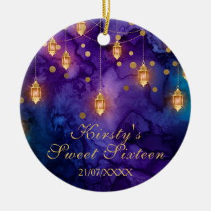 Mystic Purple Blue Fairy Lanterns Bokeh Sweet 16 Ceramic Ornament