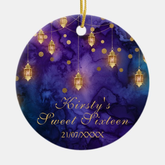 Mystic Purple Blue Fairy Lanterns Bokeh Sweet 16 Ceramic Ornament (Front)
