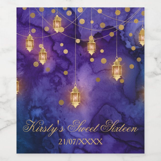Mystic Purple Blue Lanterns Bokeh Lights Sweet 16 Wine Label (Single Label)