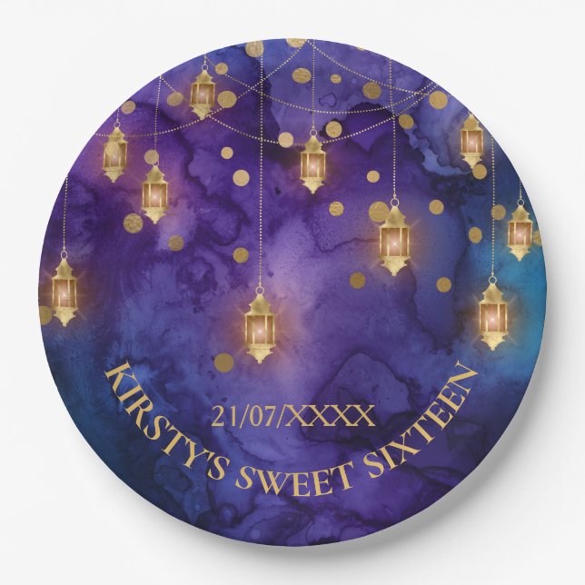 Mystic Purple Blue Lanterns & Gold Bokeh Sweet 16 Paper Plate (Front)
