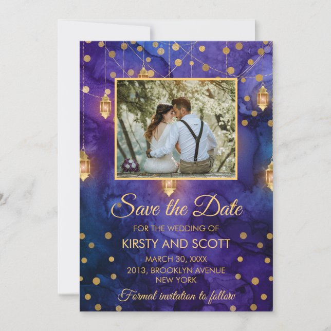 Mystic Purple Night Lanterns Bokeh Save The Date Invitation (Front)