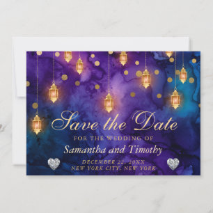 Mystic Purple Night Lanterns Bokeh Save The Date Invitation