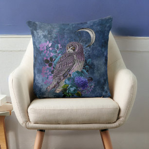 Mystic Purple Owl and Moon on Grayish Blue Cushion