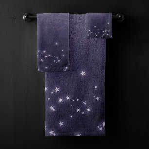 Mystic Purple Stars Jewel Tone Midnight Violet Bath Towel Set
