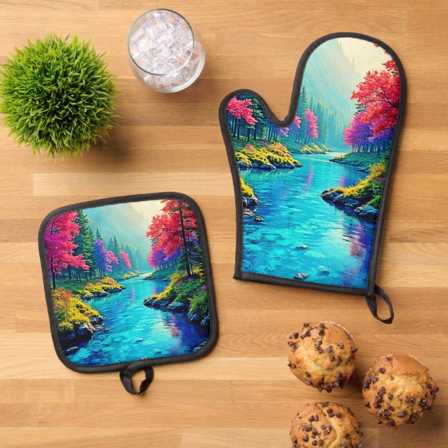Mystic River Dreamy Forest Path Design Oven Mitt & Pot Holder Set (Top Down)