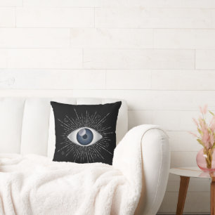 Mystic Silver & Blue Evil Eye Nazar Mati on Black Cushion