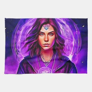 Mystic Sorceress with Glowing Aura Tea Towel