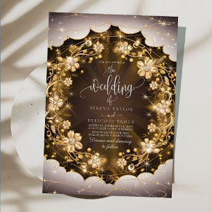 Mystic Sparkles and Golden Floral Wedding Invitation