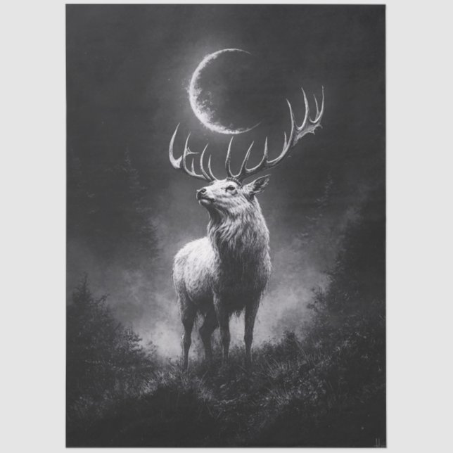 Mystic Stag Under Crescent Moon Decoupage Tissue Paper (Front)