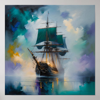 Mystic Tall Ship in Fog – Dreamlike Nautical Paint Poster
