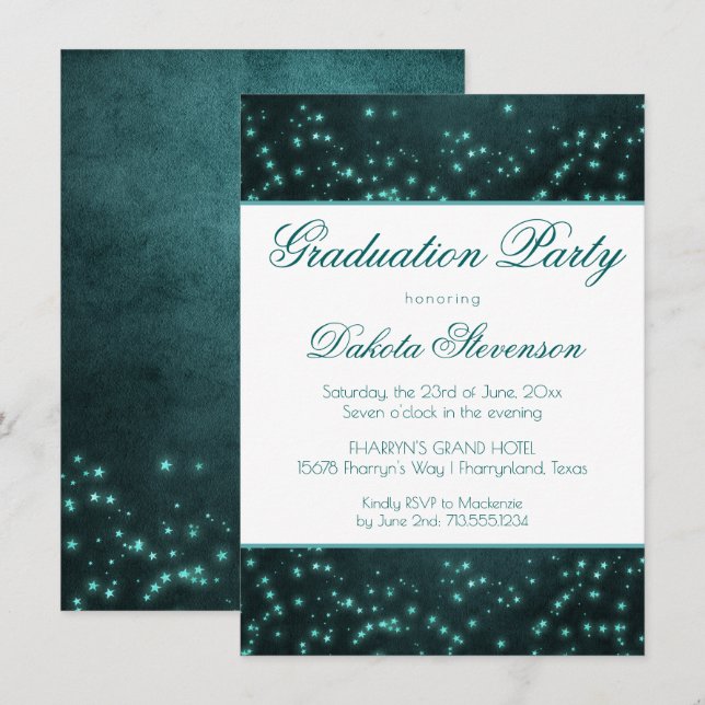Mystic Twilight Stars | Deep Teal Glow Graduation Invitation (Front/Back)