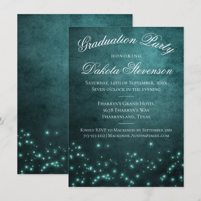 Mystic Twilight Stars | Deep Teal Glow Graduation Invitation (Front/Back)