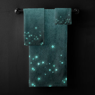 Mystic Twilight Stars   Deep Teal Green Neon Glow Bath Towel Set