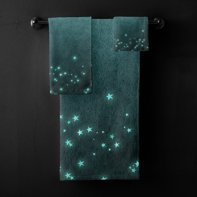 Mystic Twilight Stars | Deep Teal Green Neon Glow Bath Towel Set (Creator Uploaded)