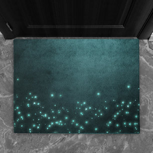 Mystic Twilight Stars Deep Teal Green Neon Glow Doormat