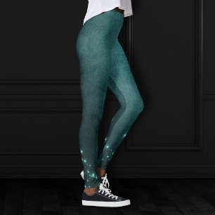 Mystic Twilight Stars Deep Teal Green Neon Glow Leggings