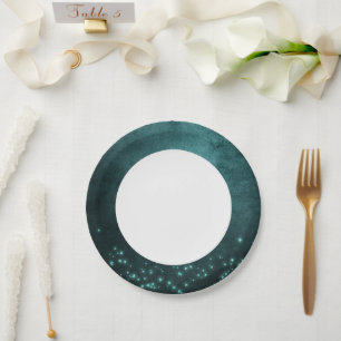 Mystic Twilight Stars Deep Teal Green Neon Glow Paper Plate