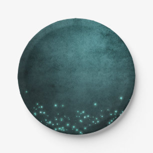 Mystic Twilight Stars Deep Teal Green Neon Glow Paper Plate
