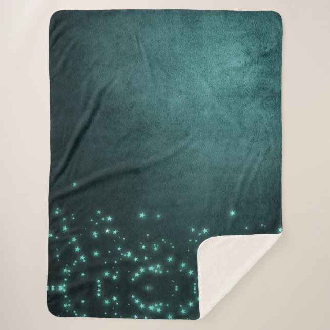 Mystic Twilight Stars | Deep Teal Green Neon Glow Sherpa Blanket (Front)