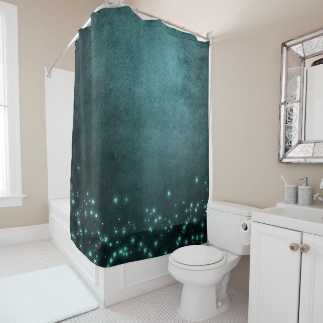 Mystic Twilight Stars | Deep Teal Green Neon Glow Shower Curtain (In Situ)