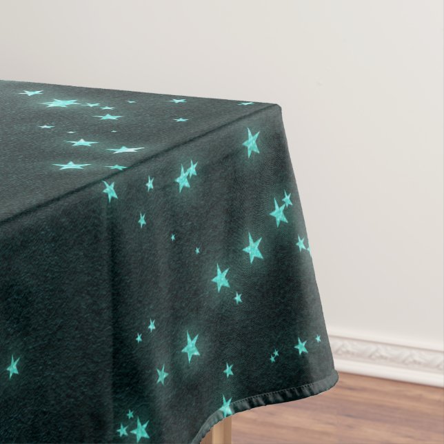 Mystic Twilight Stars | Deep Teal Green Neon Glow Tablecloth (In Situ)