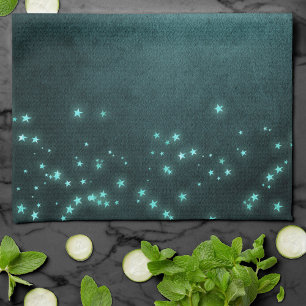 Mystic Twilight Stars   Deep Teal Green Neon Glow Tea Towel