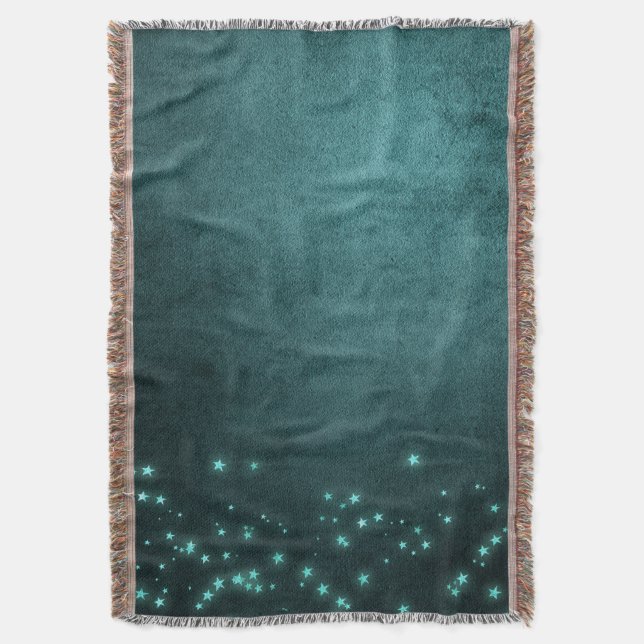 Mystic Twilight Stars | Deep Teal Green Neon Glow Throw Blanket (Front Vertical)