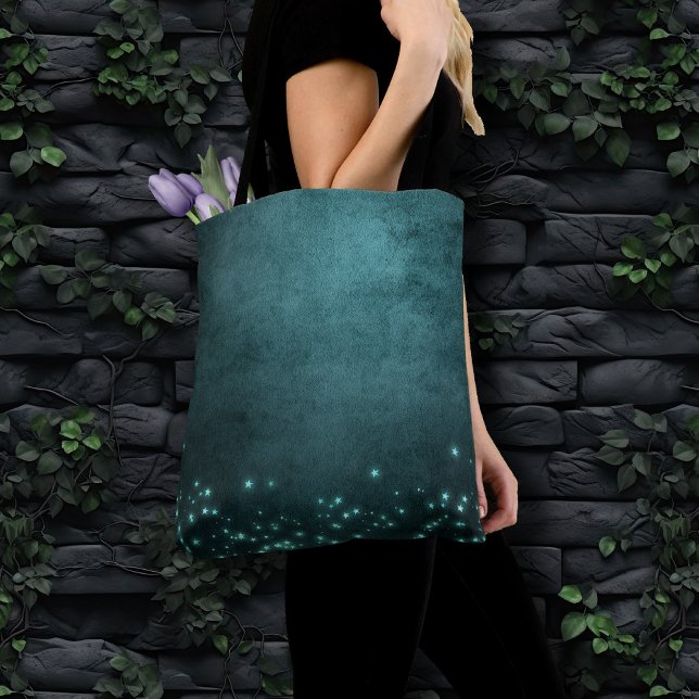 Mystic Twilight Stars | Deep Teal Green Neon Glow Tote Bag (Creator Uploaded)
