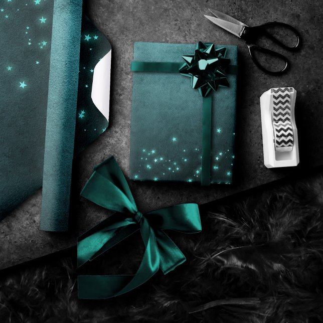Mystic Twilight Stars | Deep Teal Green Neon Glow Wrapping Paper (Creator Uploaded)