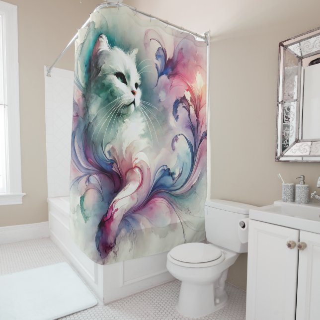 Mystic Watercolor Cat Shower Curtain (In Situ)