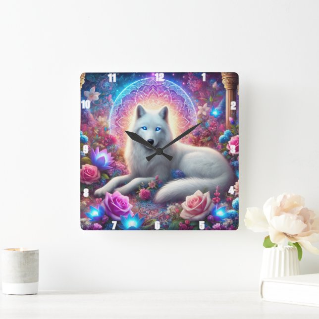 Mystic White Wolf Square Wall Clock (Home)