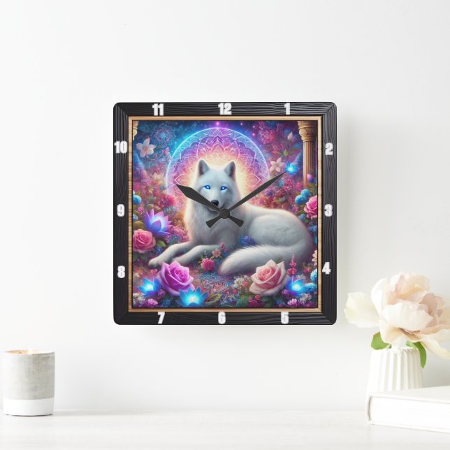 Mystic White Wolf Square Wall Clock (Home)