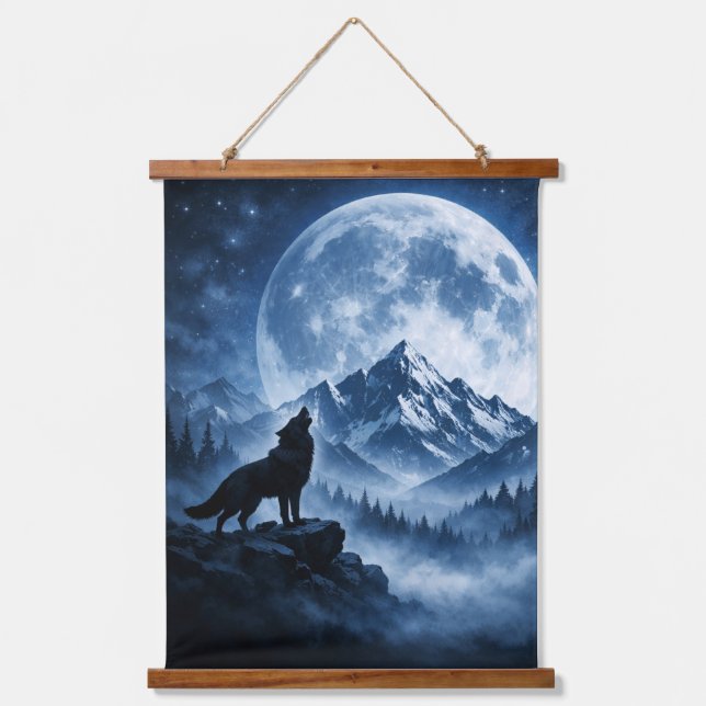 Mystic Wilderness Wolf Under Moon Hanging Tapestry (Front)