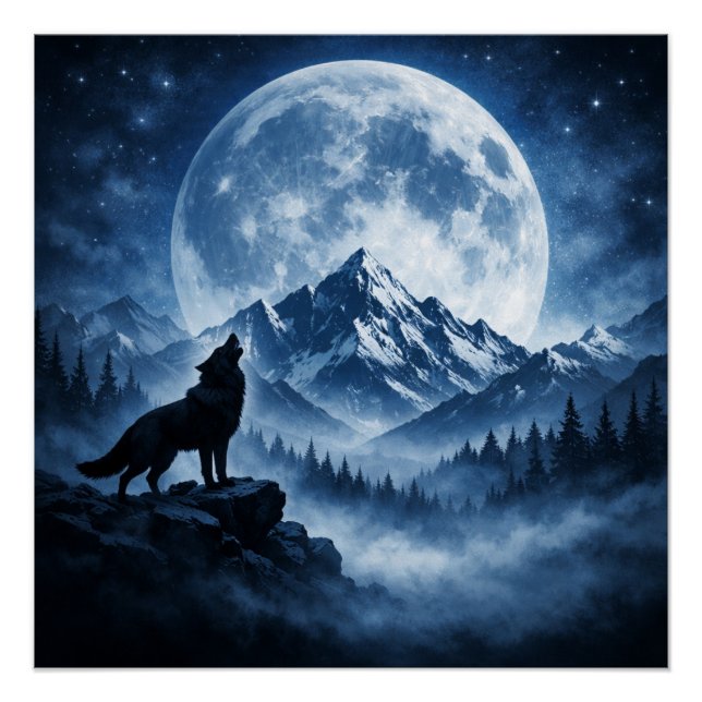Mystic Wilderness Wolf Under Moon | Mountain Night Poster (Front)