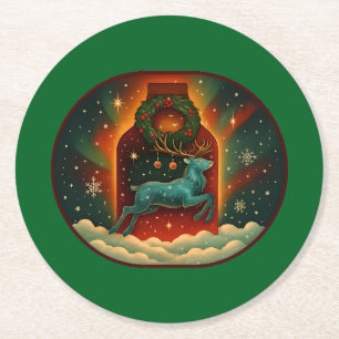 Mystic Winter Stag-Green BG Round Paper Coaster