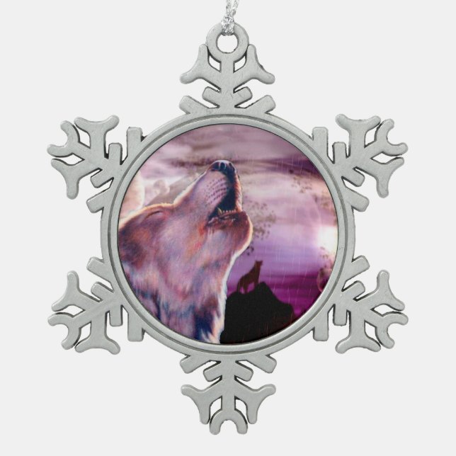 Mystic Wolf Howling at The Moon Snowflake Pewter Christmas Ornament (Front)