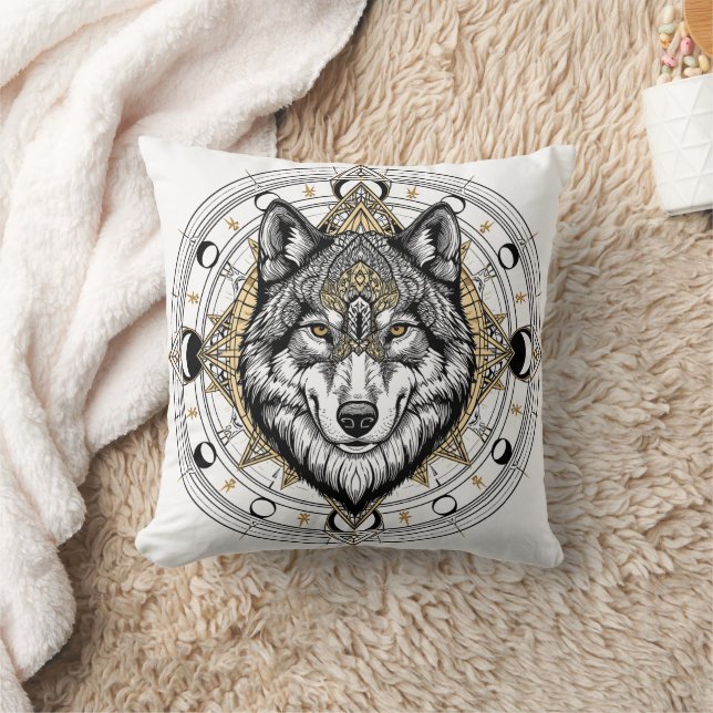 Mystic Wolf Mandala Celestial Throw Pillow (Blanket)