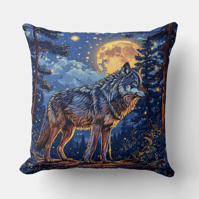 Mystic Wolf Under Moon 🌕🐺 Enchanted Forest Night Cushion (Front)
