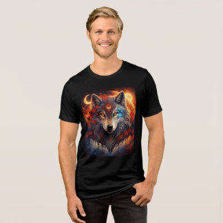 Mystic Wolf with Crescent Moons and Red Blossoms Tri-Blend Shirt