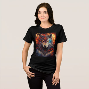 Mystic Wolf with Crescent Moons and Red Blossoms Tri-Blend Shirt