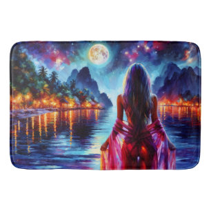 Mystic woman under full moon reflections art bath mat