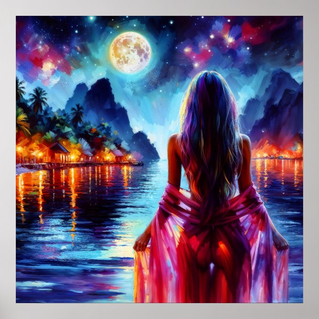 Mystic woman under full moon reflections art poster (Front)