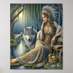 Mystical A Native American Woman With Wolves 10x8 Poster